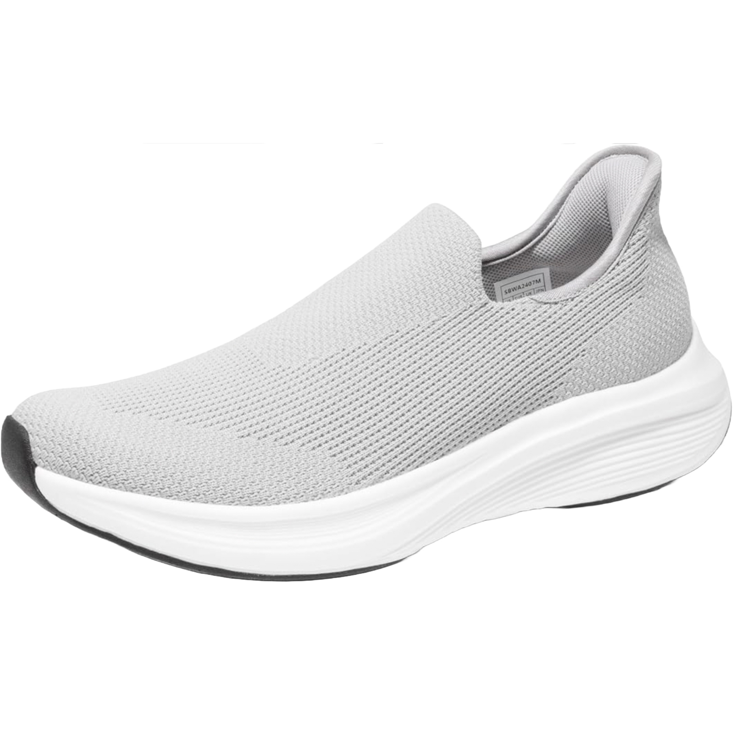 Gray slip-on sneaker with a mesh upper and white sole.