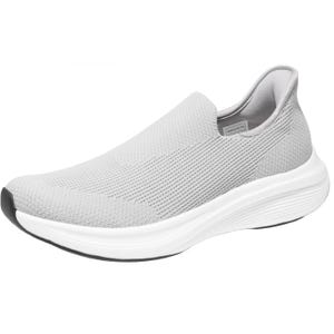 Gray slip-on sneaker with a mesh upper and white sole.