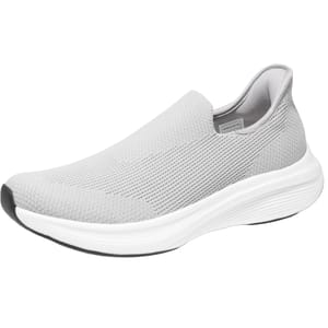 Gray slip-on sneaker with a mesh upper and white sole.