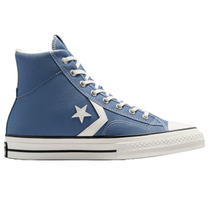 A high-top blue sneaker with white laces and a white sole, featuring a white star and chevron logo on the side.