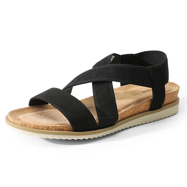 Black sandal with crisscross fabric straps and a cork footbed, featuring a flat rubber sole for casual wear.