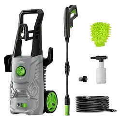 Pressure washer kit with a main unit, spray gun, extension wand, foam bottle, high-pressure hose, connector, and a green microfiber cleaning mitt.