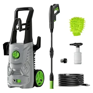 Pressure washer kit with a main unit, spray gun, extension wand, foam bottle, high-pressure hose, connector, and a green microfiber cleaning mitt.
