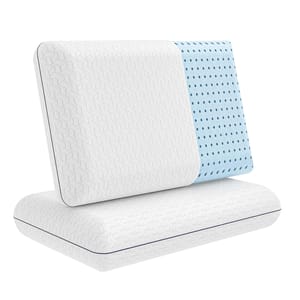 Two Vaverto Gel Memory Foam Pillows with breathable, perforated blue gel foam for cooling and white textured covers.