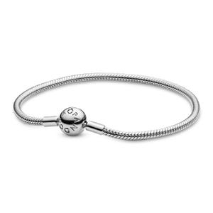 A silver snake chain bracelet with a round clasp engraved with letters.