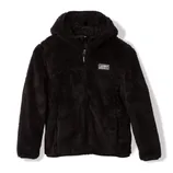 Black plush hooded fleece jacket with a full front zipper, featuring a small rectangular patch on the chest and two side pockets.