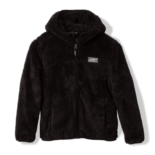Black plush hooded fleece jacket with a full front zipper, featuring a small rectangular patch on the chest and two side pockets.