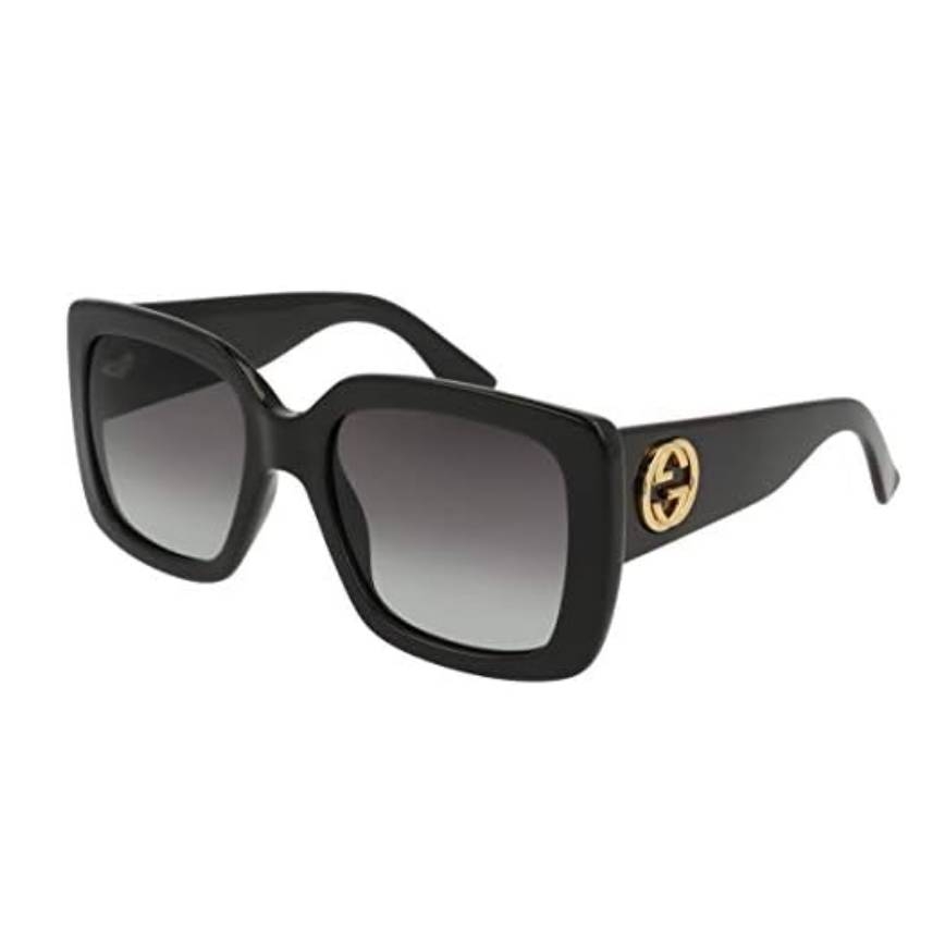 Black square-shaped sunglasses with gradient lenses and gold logo accents on the sides.