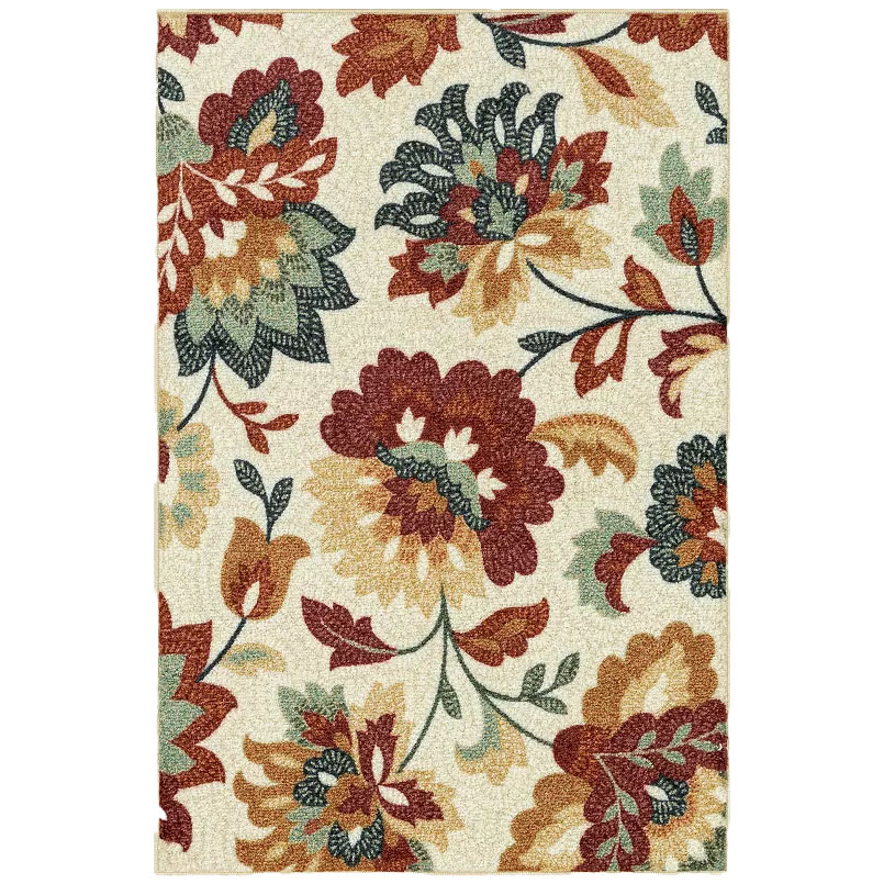 A decorative rug with an intricate floral pattern featuring red, green, and beige tones against a light background.