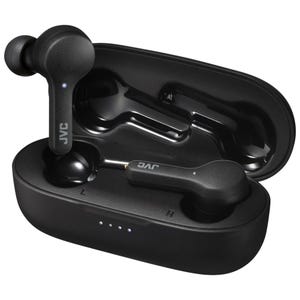Wireless earbuds with a charging case, labeled JVC, featuring in-ear buds and stem design, shown in black.