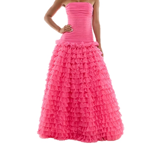 A strapless pink ball gown with a fitted bodice and a full, ruffled skirt.