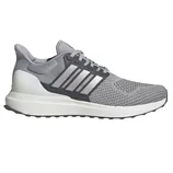 A gray Adidas running shoe featuring a knit upper, three metallic stripes on the side, and a robust white sole.