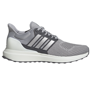 A gray Adidas running shoe featuring a knit upper, three metallic stripes on the side, and a robust white sole.