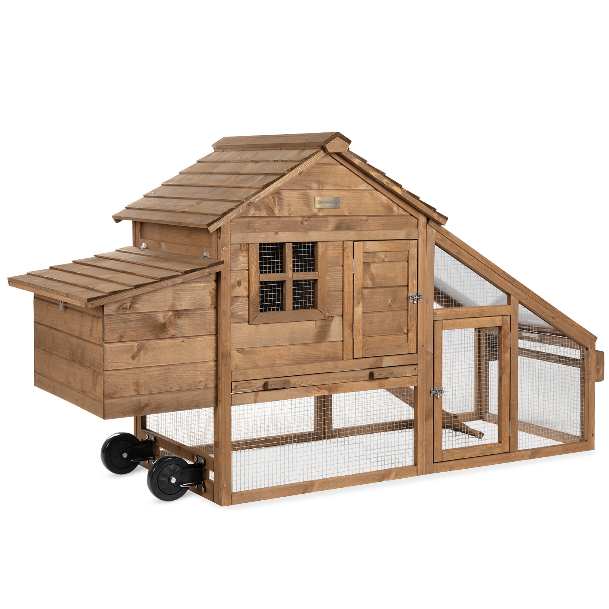 Wooden chicken coop with a slanted roof, wire mesh enclosure, small windows, and a pair of wheels on one side for mobility.
