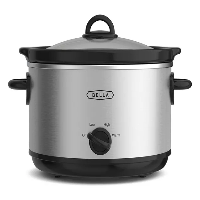 Bella 5-quart slow cooker features a stainless steel exterior, a glass lid, and a knob with settings for low, high, and warm.