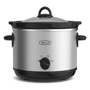 Bella 5-quart slow cooker features a stainless steel exterior, a glass lid, and a knob with settings for low, high, and warm.