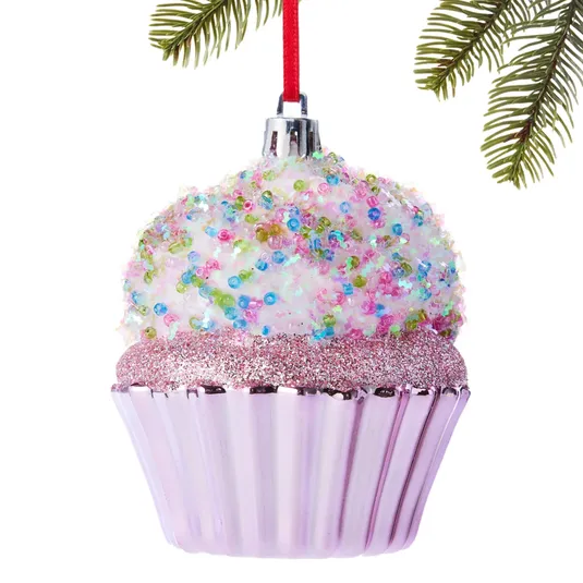A cupcake-shaped Christmas ornament with colorful beads and glitter, featuring a red string for hanging on a tree.