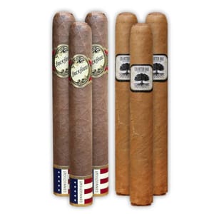Two groups of cigars: on the left, four Brick House Connecticut cigars with ornate labels; on the right, four Charter Oak Connecticut cigars with tree-themed labels.