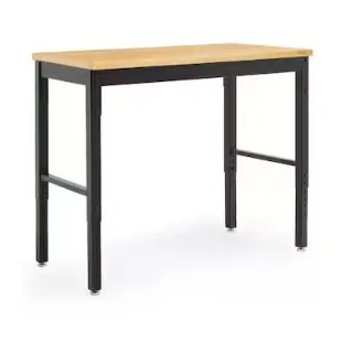 Adjustable height workbench with a bamboo top and black steel frame.