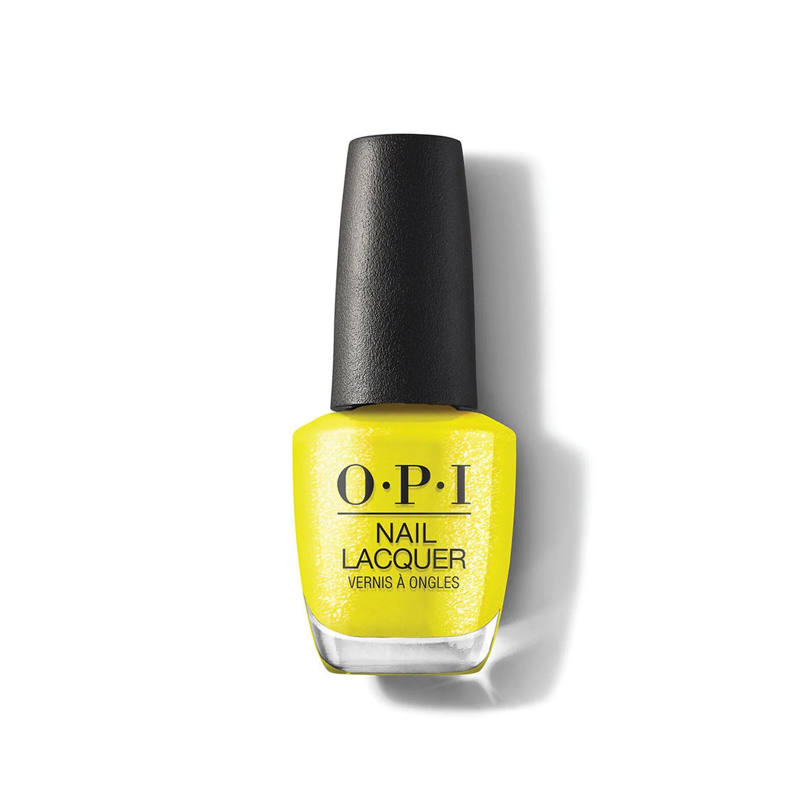 Bright yellow OPI nail lacquer in a clear bottle with a black cap.