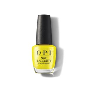 Bright yellow OPI nail lacquer in a clear bottle with a black cap.