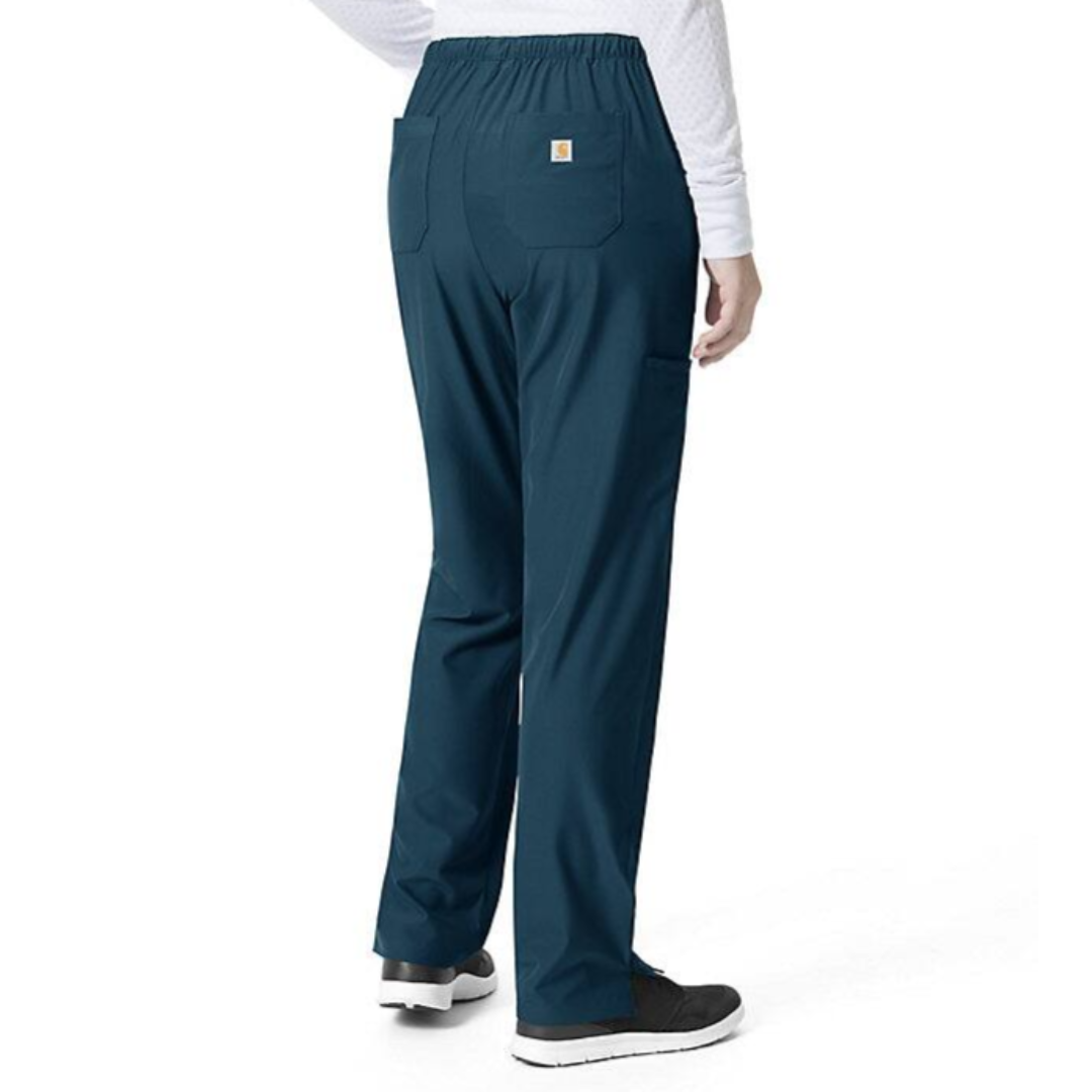 A pair of dark blue work pants with elastic waist and side pockets.