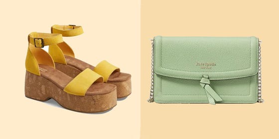 A pair of yellow sandals an a green handbag on a light yellow background.