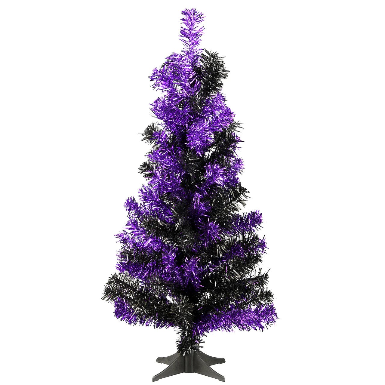 A small artificial Christmas tree with alternating black and purple tinsel branches and a sturdy black base.