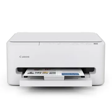 A white Canon printer is shown with paper extending from the output tray, showcasing its front view.