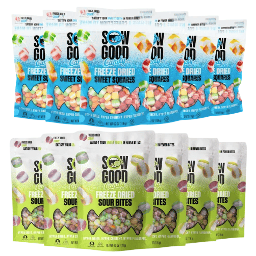 Bags of \“Sow Good\“ freeze-dried candies: sweet squares in blue packaging and sour bites in green packaging.