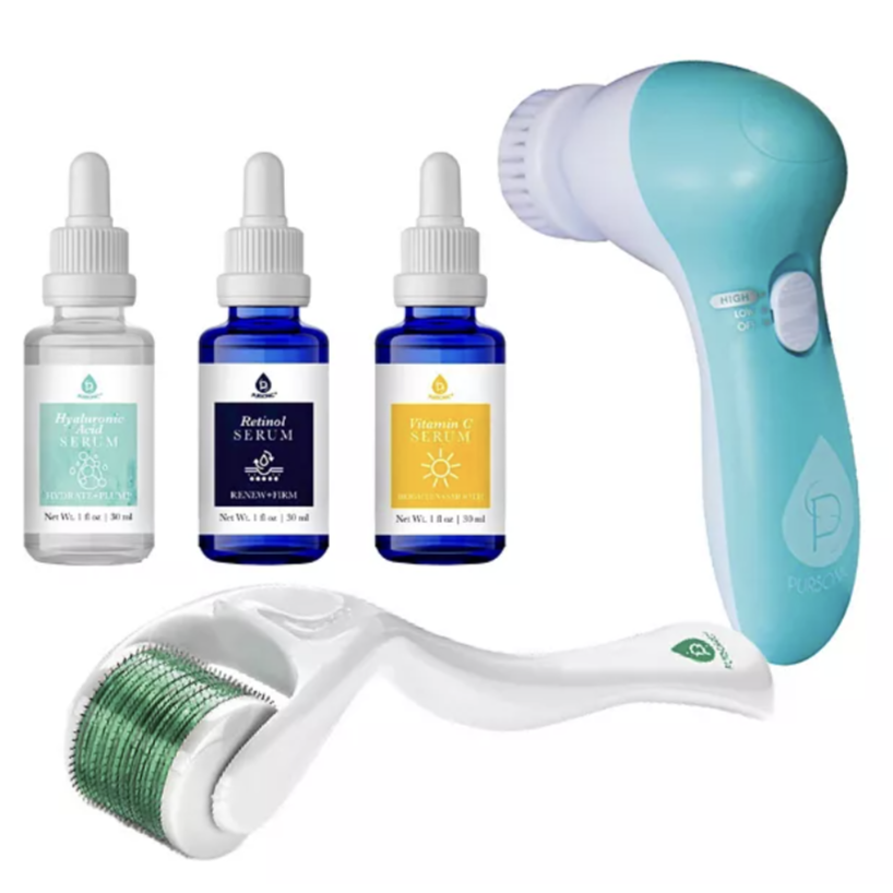 A skincare set featuring hyaluronic acid, retinol, and vitamin C serums, along with a turquoise facial cleansing brush and a microneedle derma roller.