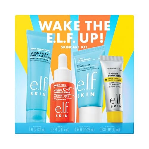 The e.l.f. Skin Wake the e.l.f. Up! Skincare Kit includes a Daily Cleanser (1 fl oz), Hydration Moisturizer (0.94 fl oz), Vitamin C+E Serum (0.5 fl oz), and Invisible Sunscreen SPF 35 (0.33 fl oz).