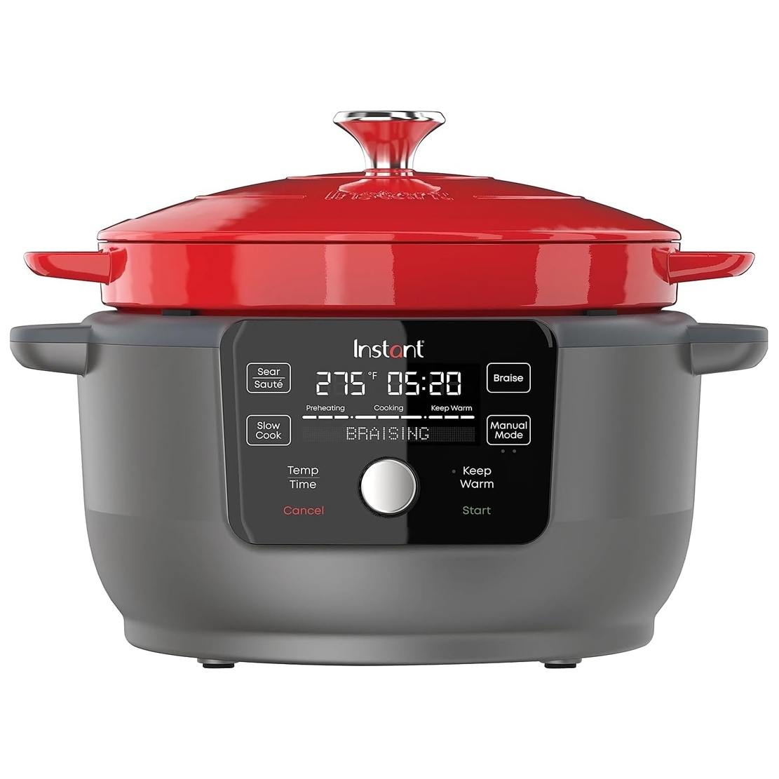 The Instant Pot 6qt Electric Dutch Oven is a multi-cooker with a red lid, featuring functions like sear, sauté, braise, and slow cook, displayed on a digital control panel.