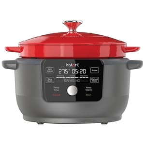 The Instant Pot 6qt Electric Dutch Oven is a multi-cooker with a red lid, featuring functions like sear, sauté, braise, and slow cook, displayed on a digital control panel.