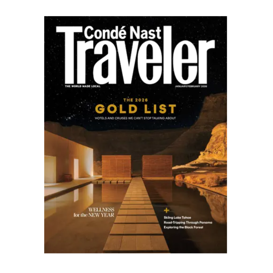 Condé Nast Traveler magazine cover for January/February 2026 features the \“2026 Gold List\“ of notable hotels and cruises, wellness tips, and travel insights for Lake Tahoe, Panama, and the Black Forest.