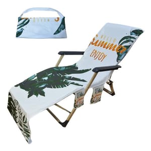 A foldable lounge chair with a tropical leaf-print cover featuring the text \“Hello Summer Enjoy,\“ paired with a matching carrying bag.