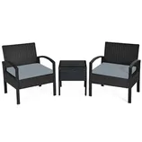Two black wicker chairs with gray cushions and a matching square side table.