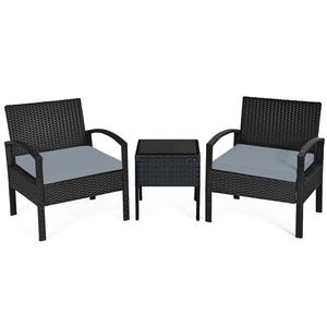 Two black wicker chairs with gray cushions and a matching square side table.