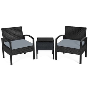 Two black wicker chairs with gray cushions and a matching square side table.