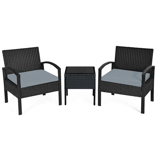 Two black wicker chairs with gray cushions and a matching square side table.