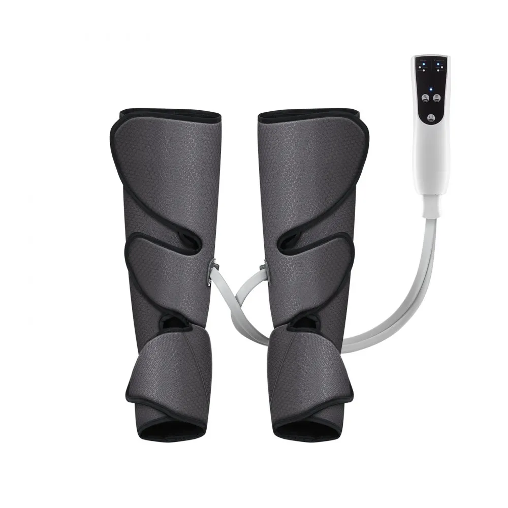 Two leg compression sleeves connected by tubes to a hand-held control unit, designed for leg muscle therapy and circulation improvement.