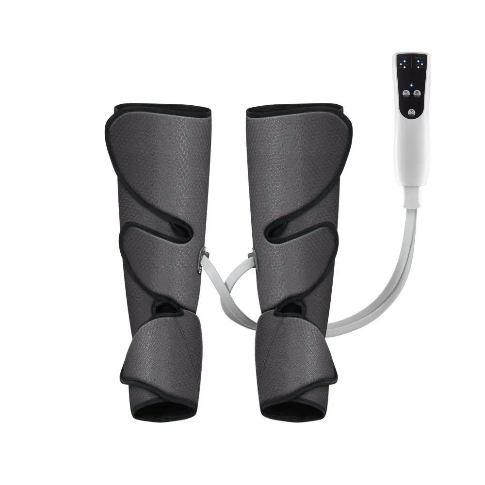Two leg compression sleeves connected by tubes to a hand-held control unit, designed for leg muscle therapy and circulation improvement.