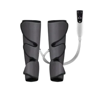 Two leg compression sleeves connected by tubes to a hand-held control unit, designed for leg muscle therapy and circulation improvement.