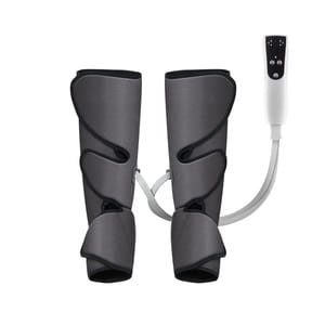 Two leg compression sleeves connected by tubes to a hand-held control unit, designed for leg muscle therapy and circulation improvement.