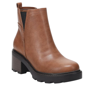Tan ankle boot with a chunky black sole and a block heel, featuring an elastic side panel for easy wear.