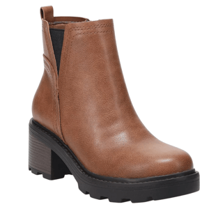 Tan ankle boot with a chunky black sole and a block heel, featuring an elastic side panel for easy wear.