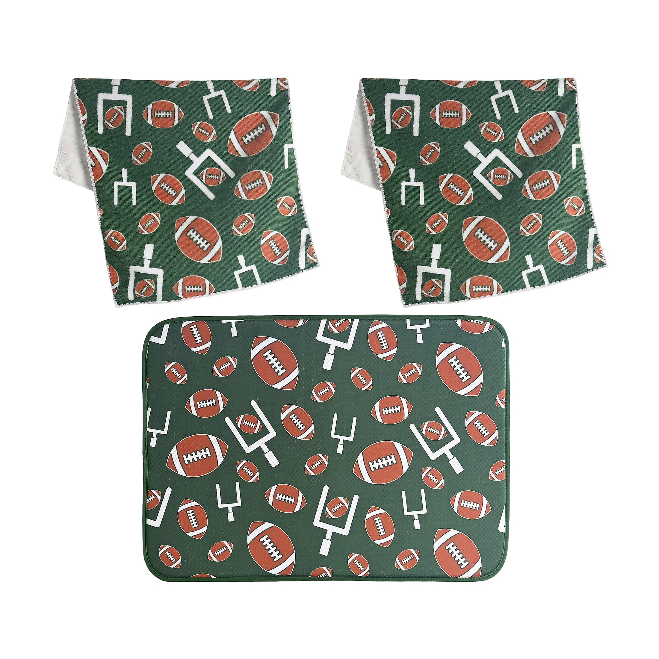 Set includes a drying mat and two microfiber towels, all featuring a green background with a pattern of footballs and goalposts.