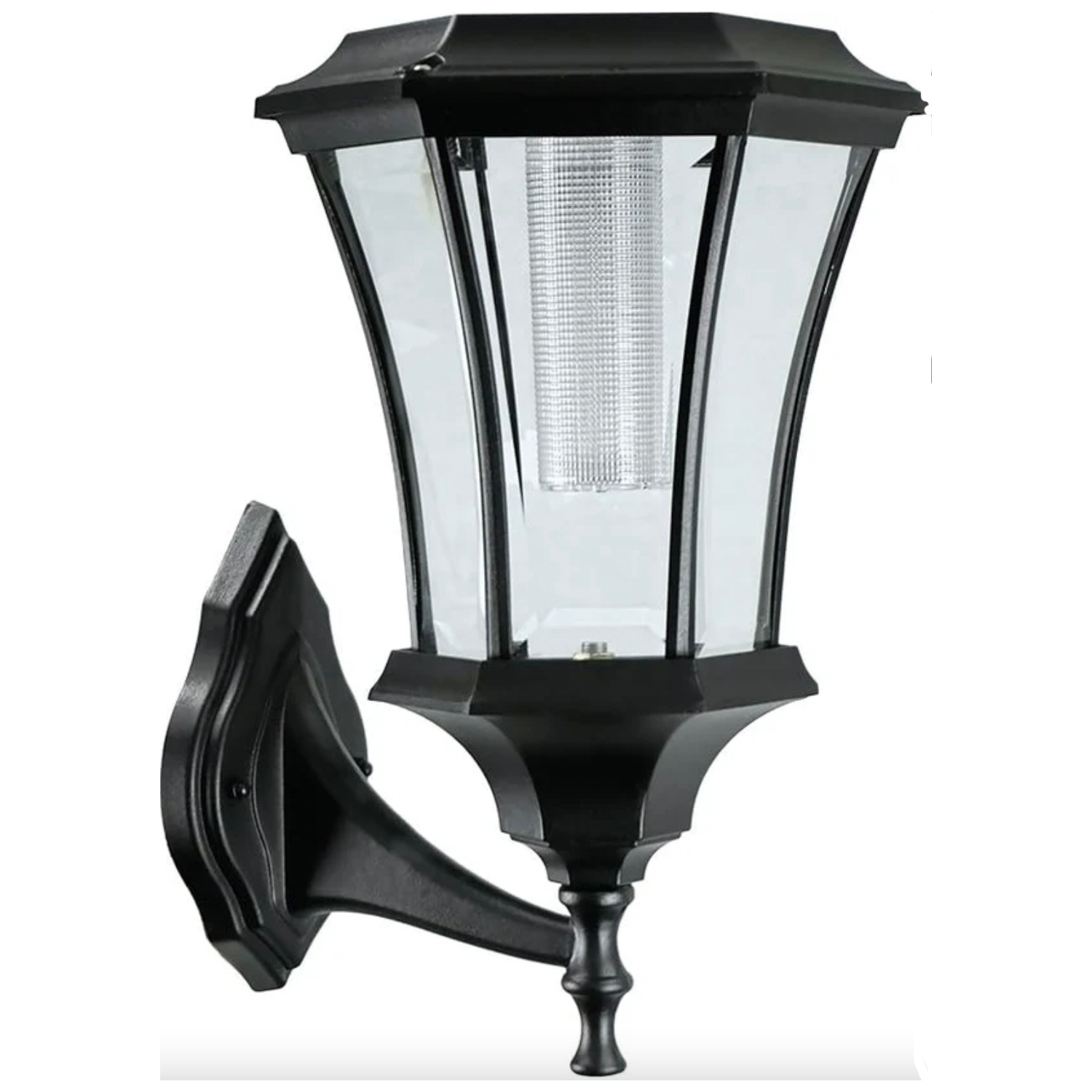 Wall-mounted outdoor lantern with a black finish and clear glass panels.