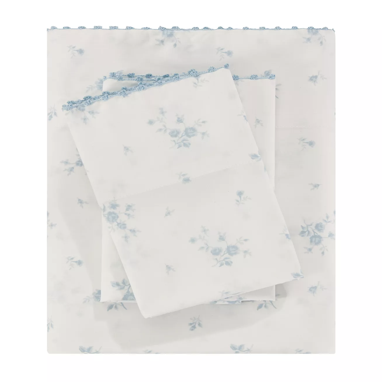 A set of bed sheets with a light blue floral pattern on a white background, featuring scalloped blue edges.