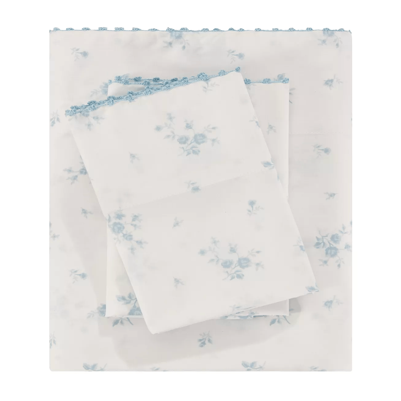 A set of bed sheets with a light blue floral pattern on a white background, featuring scalloped blue edges.